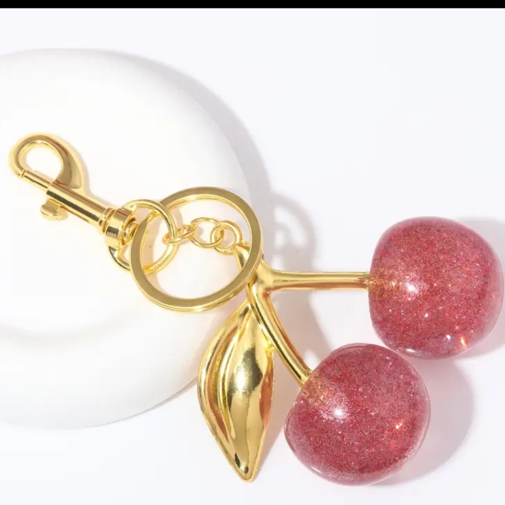 ROSE Gold TONE HARDWARE pink Cherry bag charm / Keychain